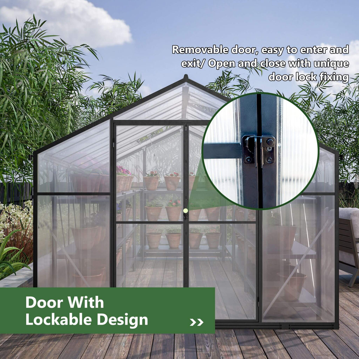 8x12FT Heavy-Duty Polycarbonate Walk-In Greenhouse with Double Swing Doors and Ventilation Windows