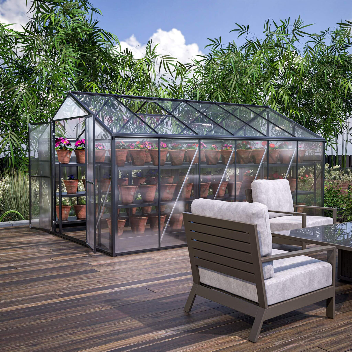 8x12FT Heavy-Duty Polycarbonate Walk-In Greenhouse with Double Swing Doors and Ventilation Windows