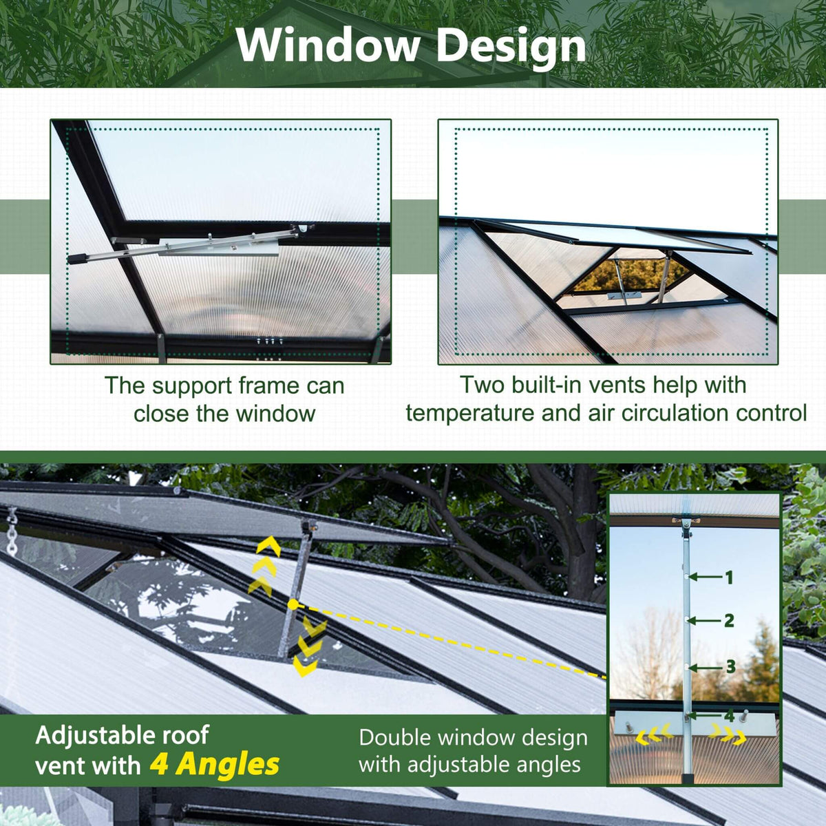 8x12FT Heavy-Duty Polycarbonate Walk-In Greenhouse with Double Swing Doors and Ventilation Windows