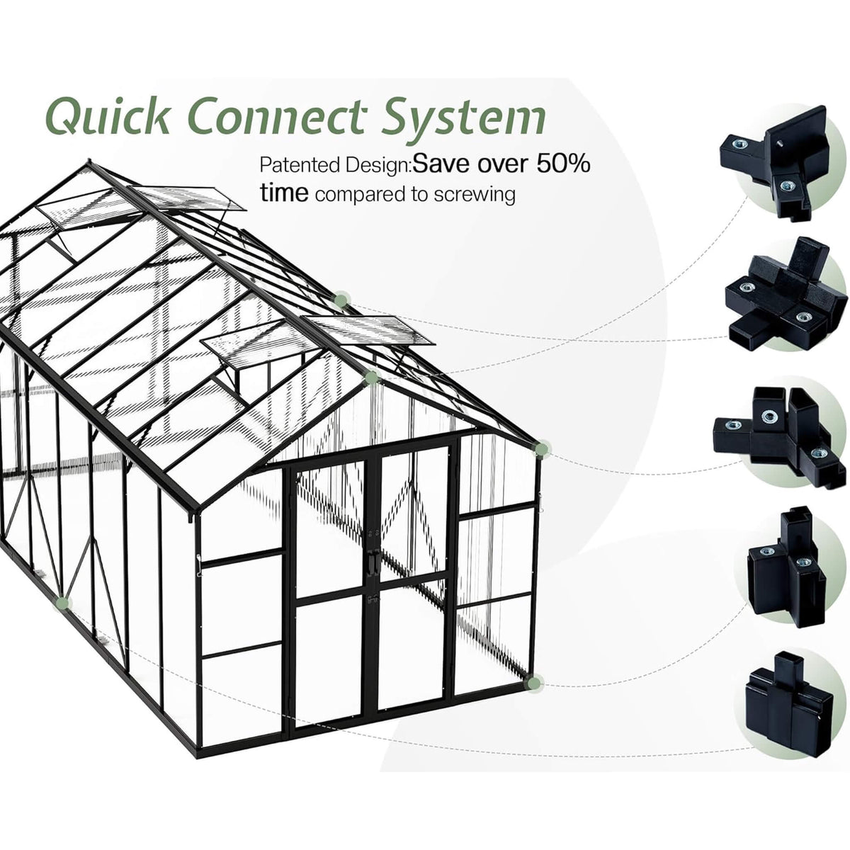 8x16FT Premium Polycarbonate Walk-In Greenhouse with Double Swing Doors