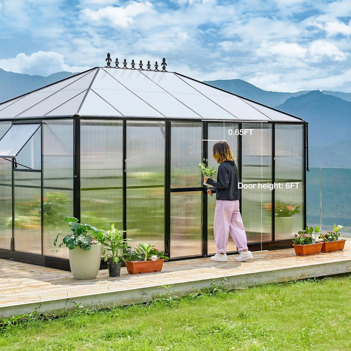 10x14 ft heavy-duty aluminum frame polycarbonate greenhouse with double swing doors