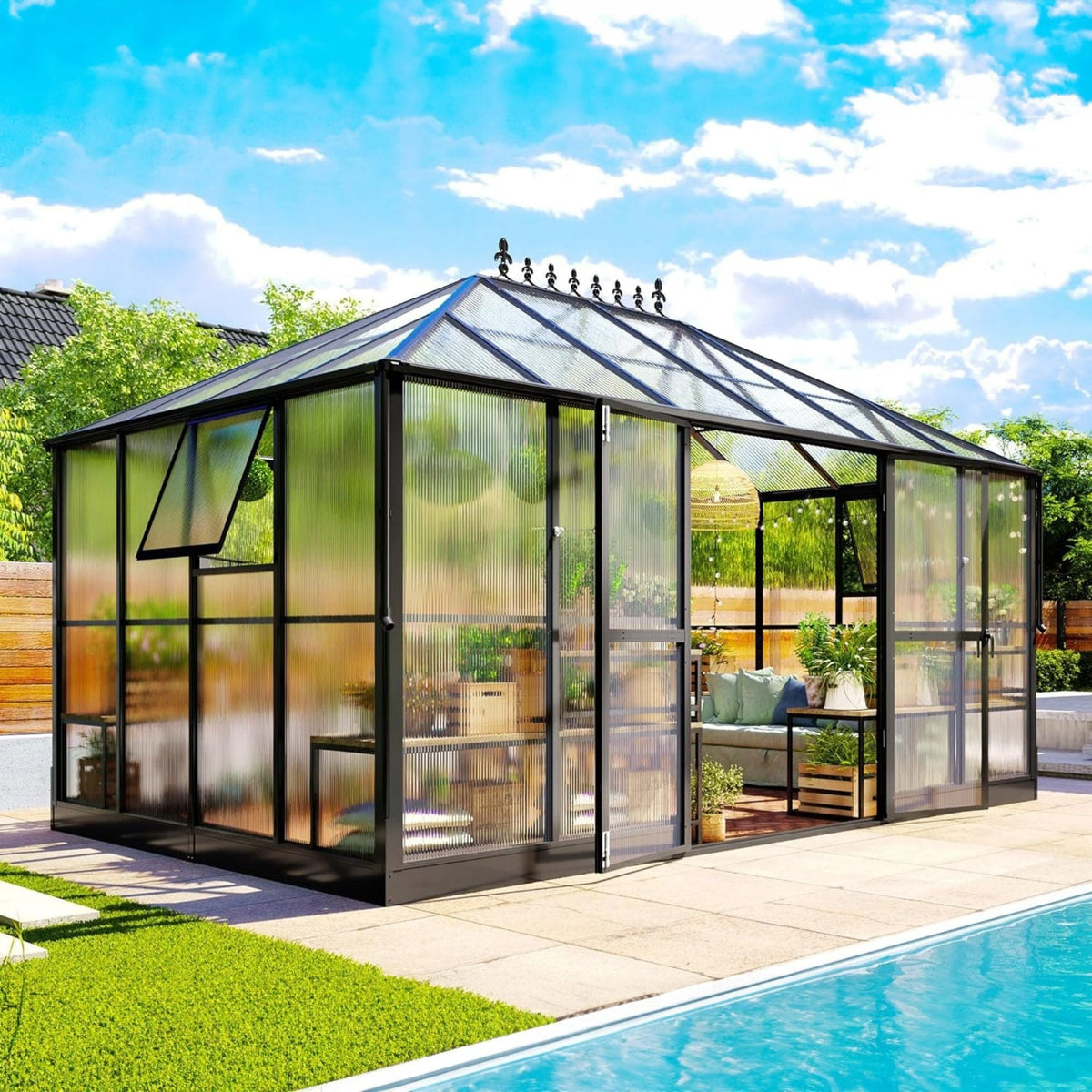 10x14FT Premium Polycarbonate Greenhouse with Aluminum Frame and Double Swing Doors