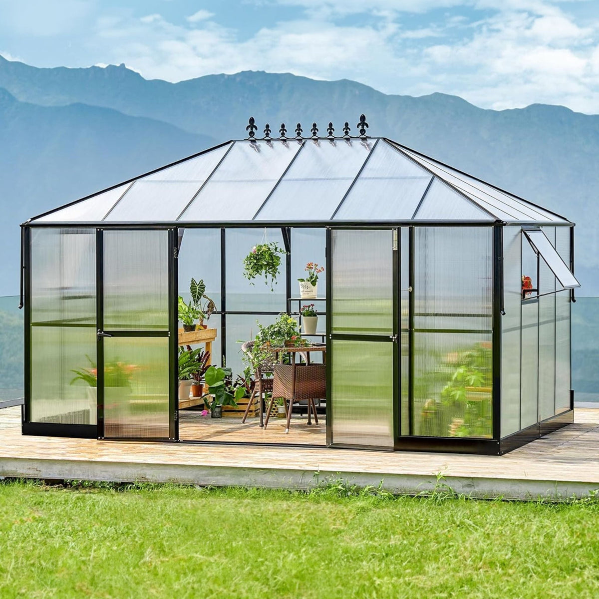 10x14 ft heavy-duty aluminum frame polycarbonate greenhouse with double swing doors