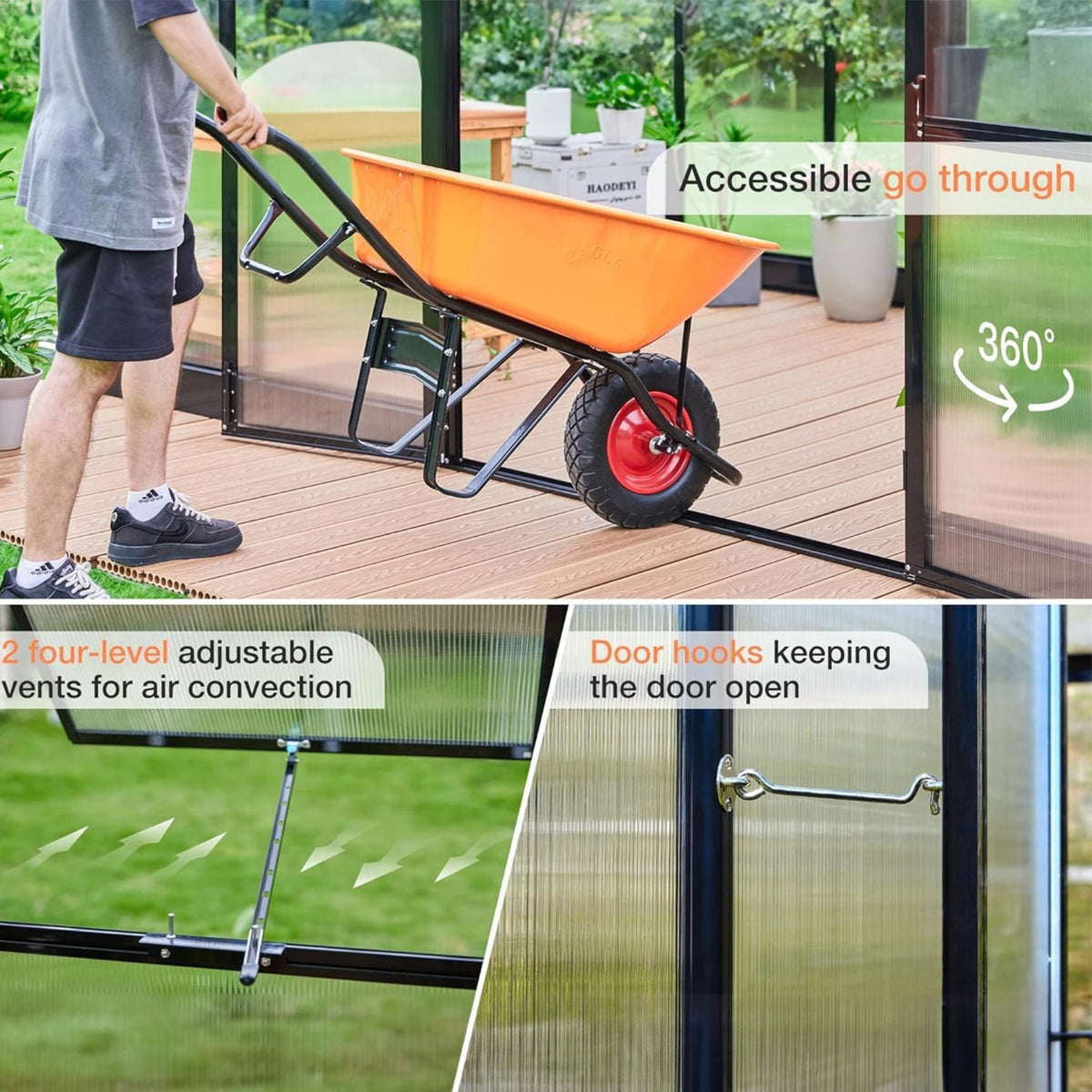 10x14 ft heavy-duty aluminum frame polycarbonate greenhouse with double swing doors