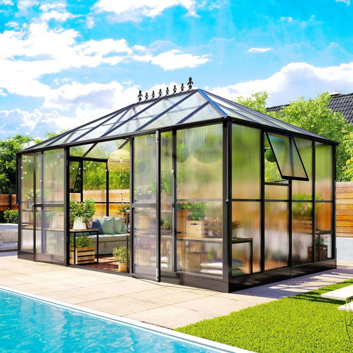 10x14FT Premium Polycarbonate Greenhouse with Aluminum Frame and Double Swing Doors