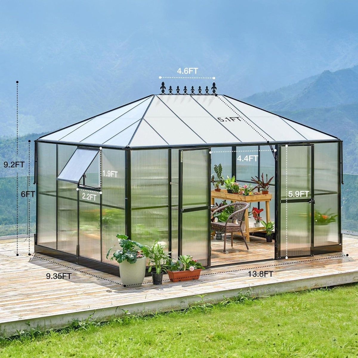 10x14FT Premium Polycarbonate Greenhouse with Aluminum Frame and Double Swing Doors