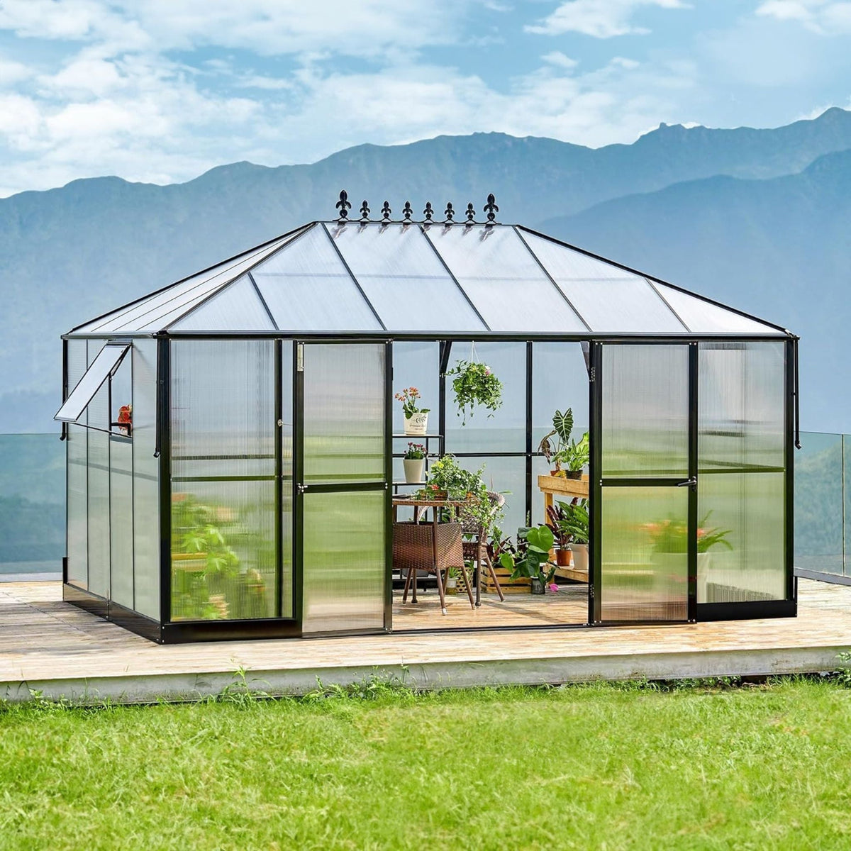 10x14 ft heavy-duty aluminum frame polycarbonate greenhouse with double swing doors