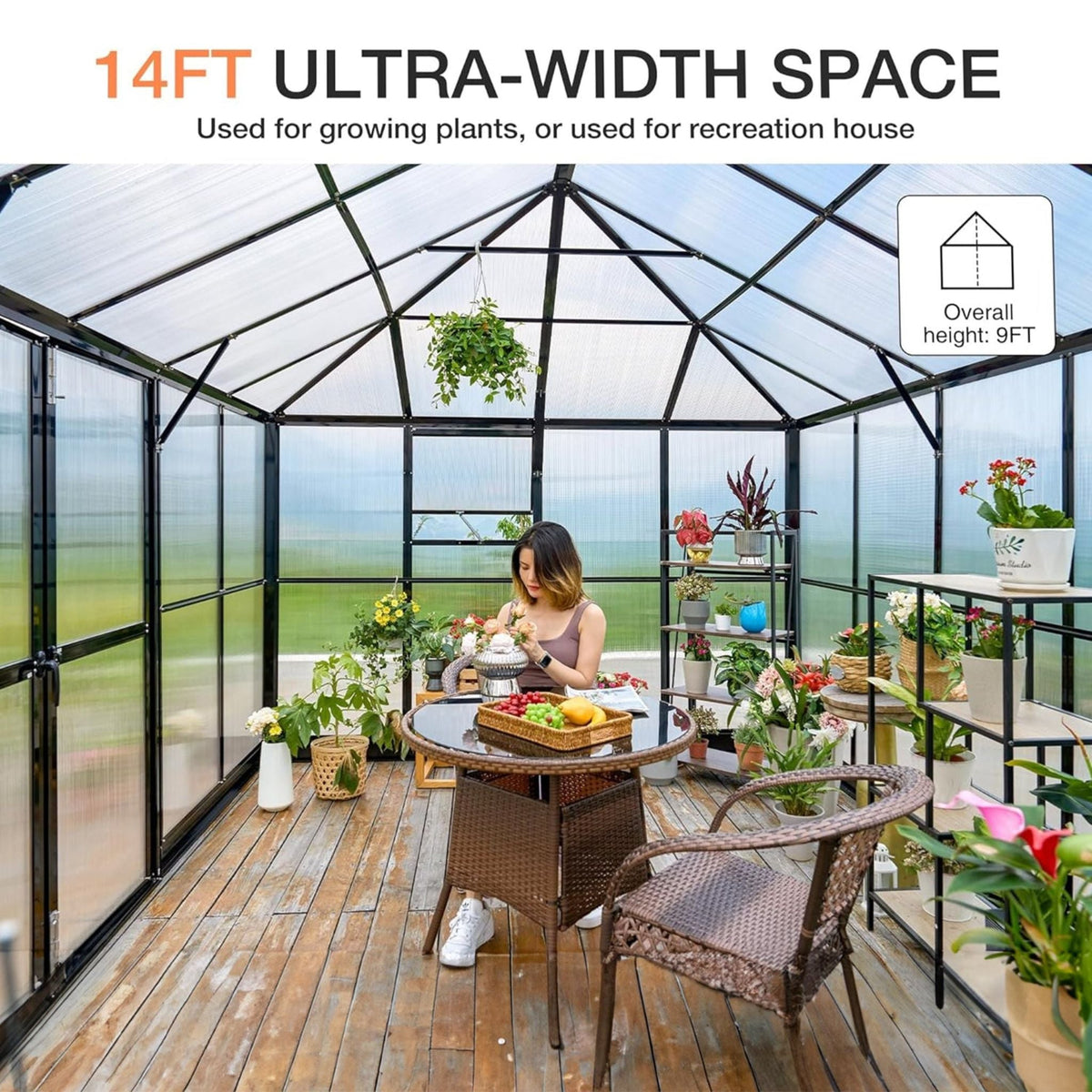 10x14 ft heavy-duty aluminum frame polycarbonate greenhouse with double swing doors