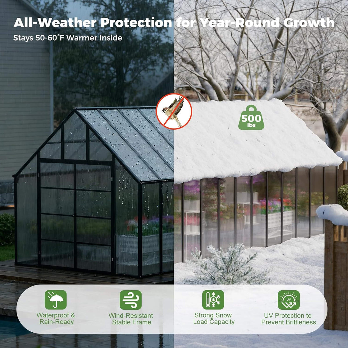 10x24FT Heavy-Duty Aluminum Polycarbonate Greenhouse with Roof Vents and Swing Doors