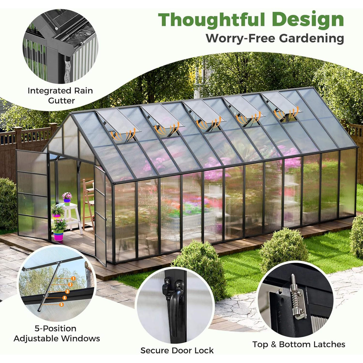 10x24FT Heavy-Duty Aluminum Polycarbonate Greenhouse with Roof Vents and Swing Doors