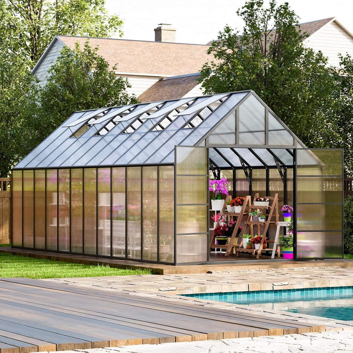 10x24FT Heavy-Duty Aluminum Polycarbonate Greenhouse with Roof Vents and Swing Doors