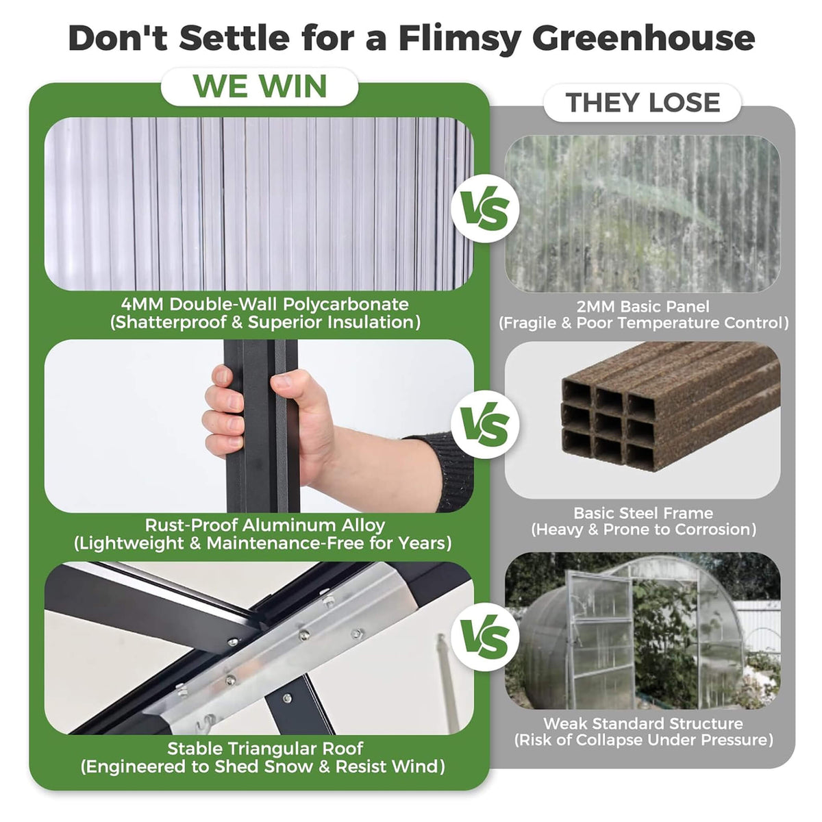10x24FT Heavy-Duty Aluminum Polycarbonate Greenhouse with Roof Vents and Swing Doors