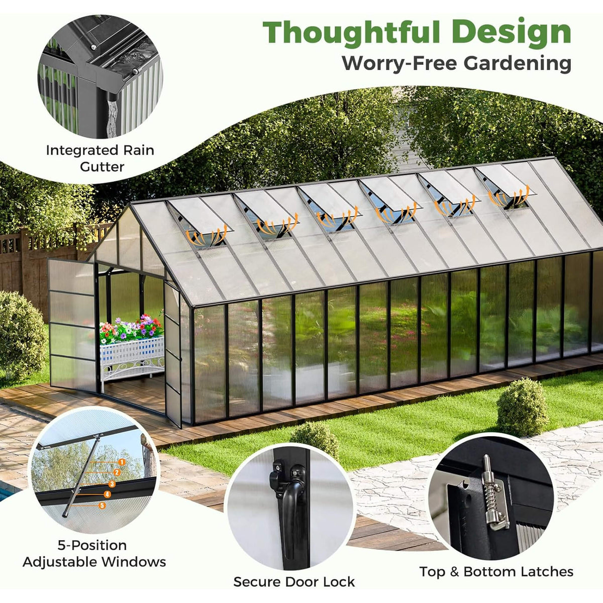 10x28FT Heavy-Duty Aluminum Polycarbonate Greenhouse with Roof Vents and Swing Doors