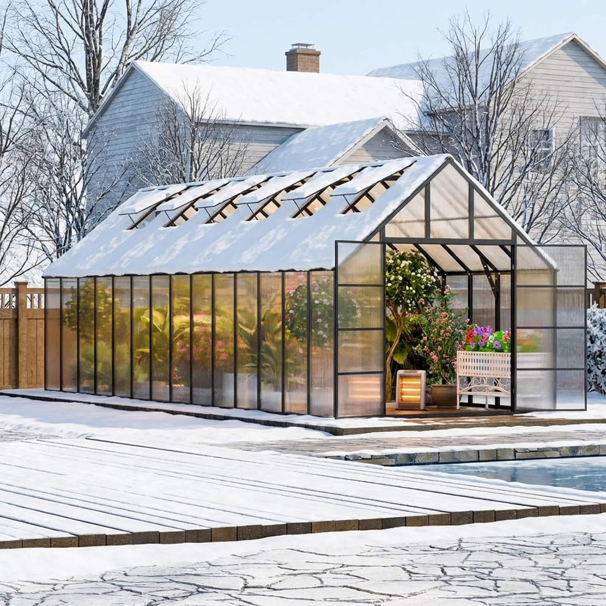 10x28FT Heavy-Duty Aluminum Polycarbonate Greenhouse with Roof Vents and Swing Doors