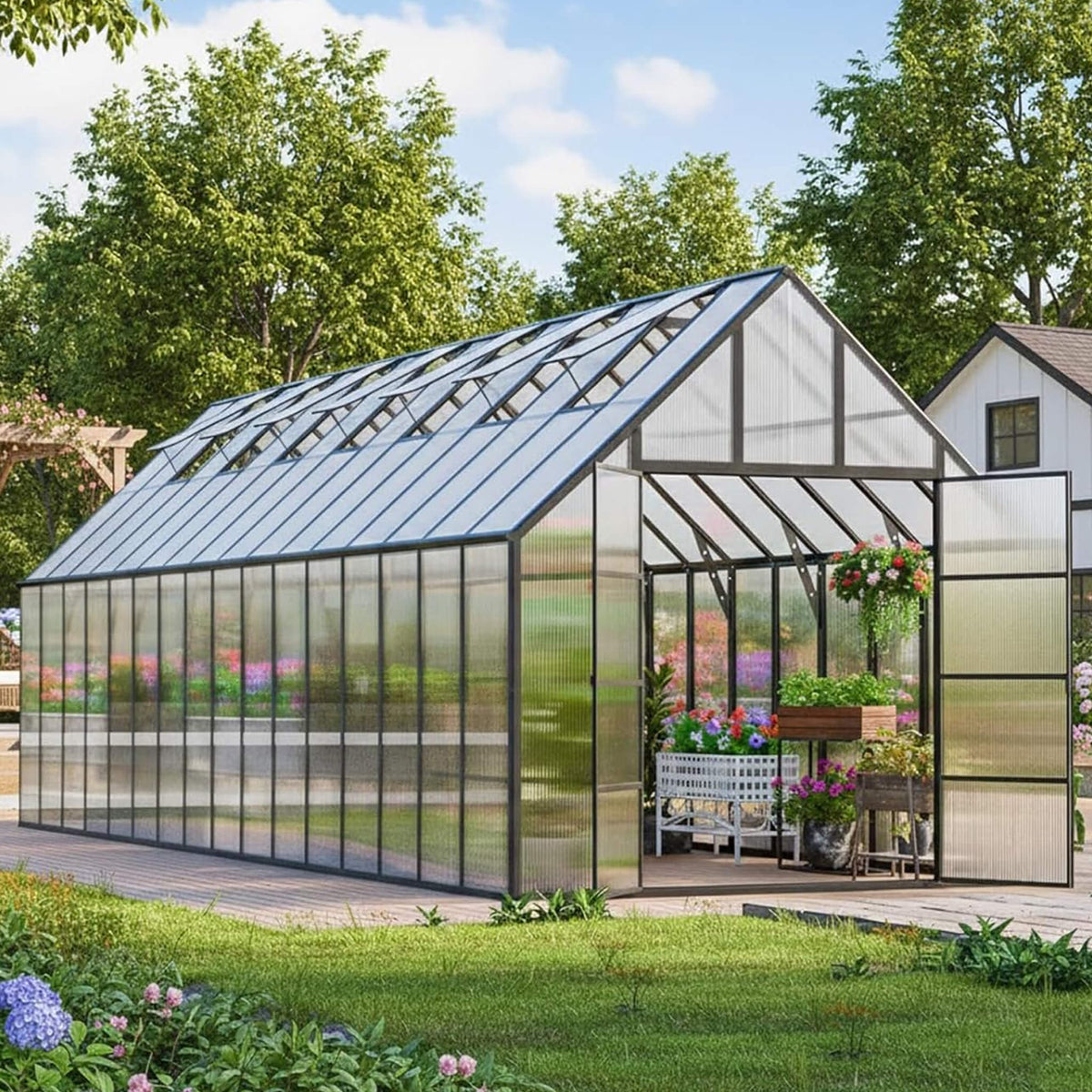 10x32FT Heavy-Duty Aluminum Polycarbonate Greenhouse with Roof Vents and Swing Door