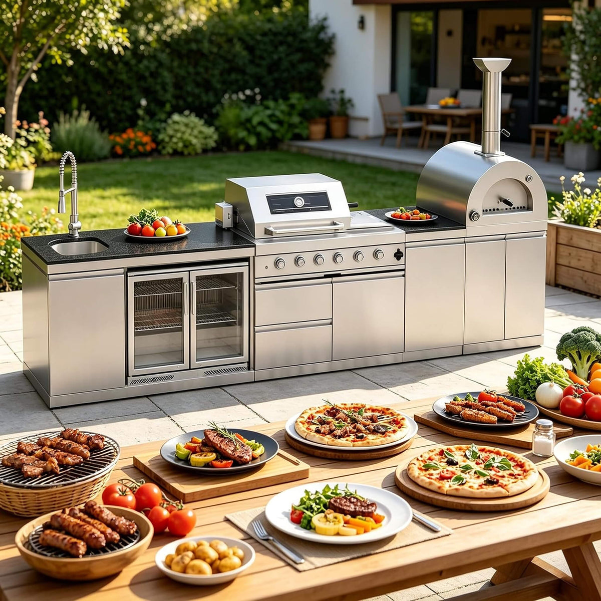 150-Inch 4-Burner 108K BTU Outdoor Kitchen Island With Pizza Oven, Rotisserie & Refrigerator (SAK36412)