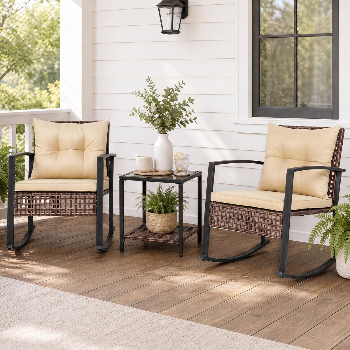 3-Piece Patio Rocking Chair Set with Glass Coffee Table – Outdoor Seating