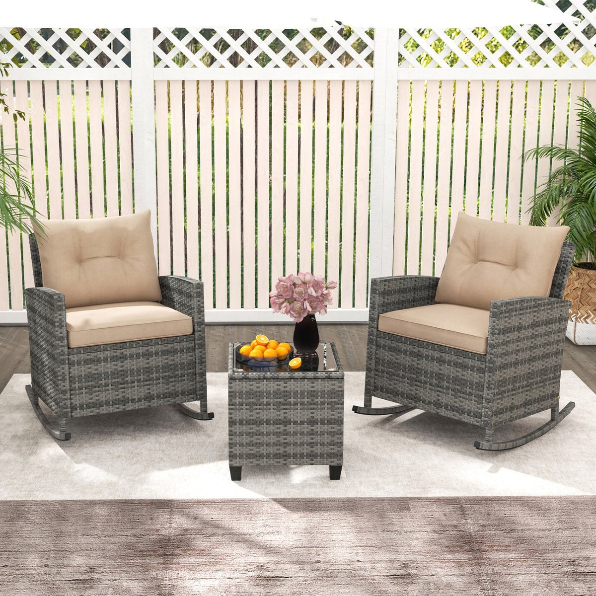 3-Piece Patio Rocking Chair Set with Glass-Top Table – Outdoor Seating
