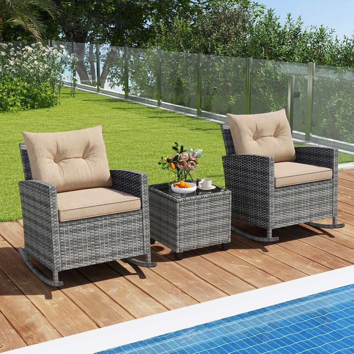3-Piece Patio Rocking Chair Set with Glass-Top Table – Outdoor Seating