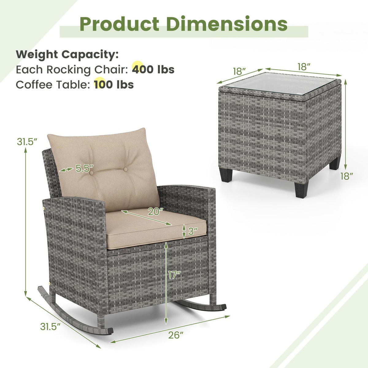 3-Piece Patio Rocking Chair Set with Glass-Top Table – Outdoor Seating