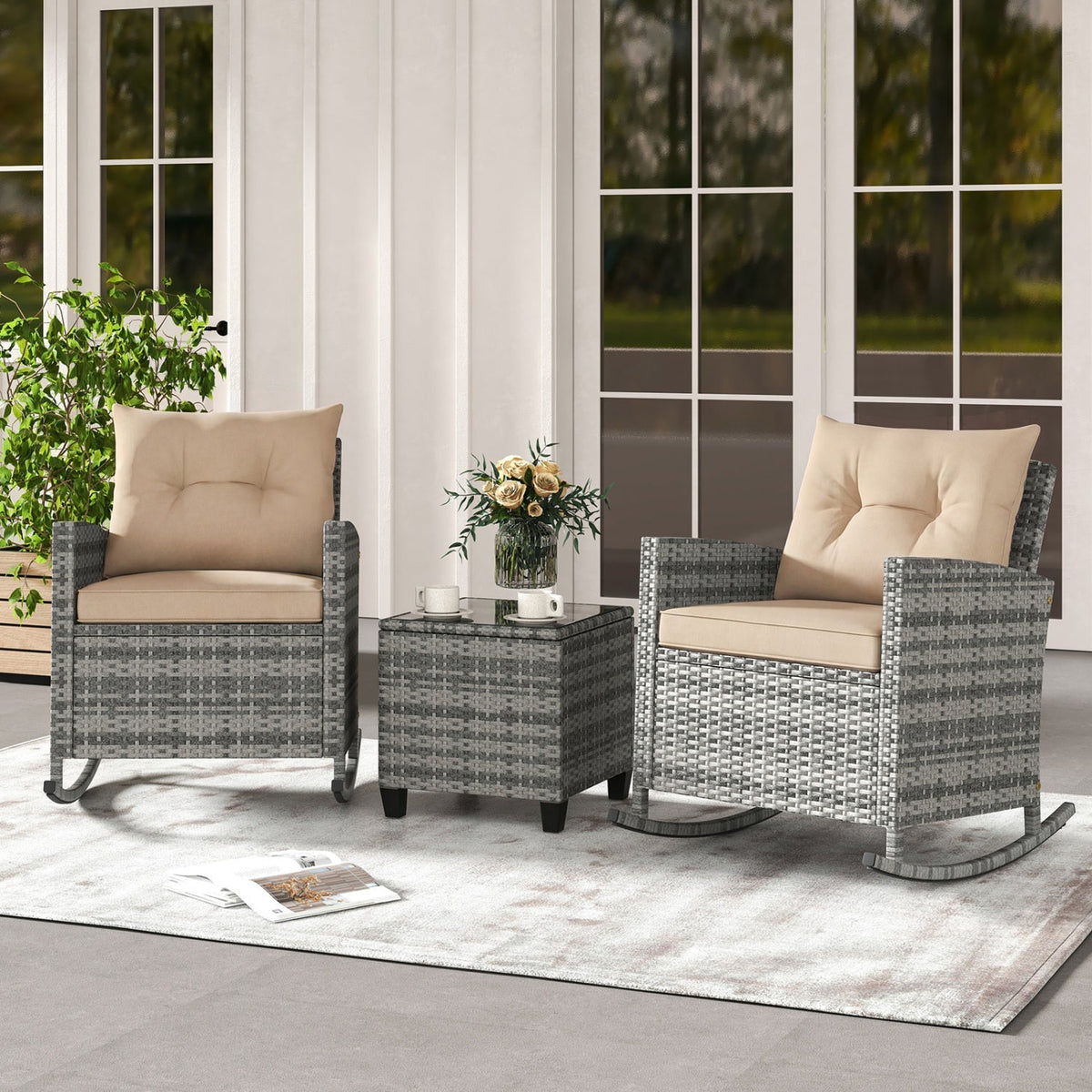 3-Piece Patio Rocking Chair Set with Glass-Top Table – Outdoor Seating