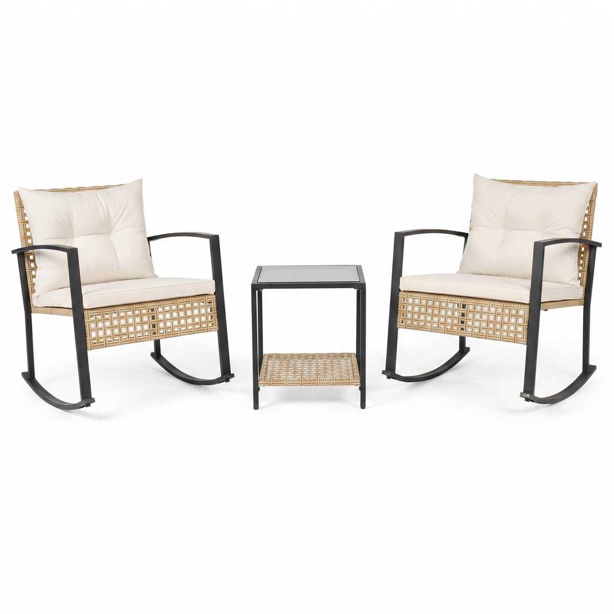 3-Piece Rattan Patio Conversation Set with Rocking Chairs & Table