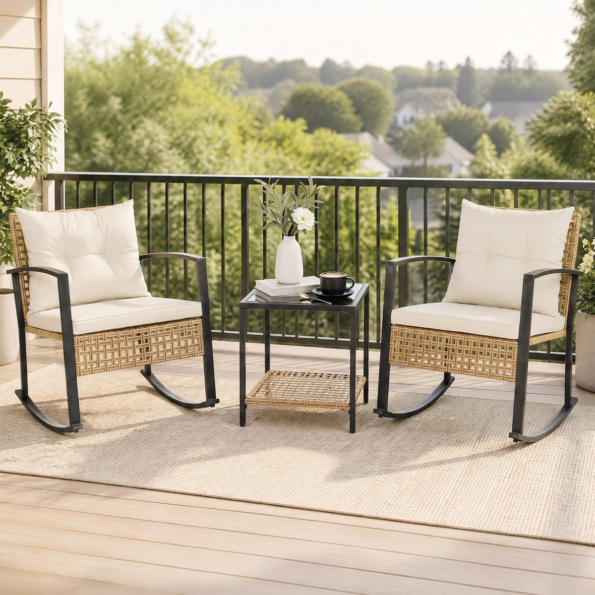3-Piece Rattan Patio Conversation Set with Rocking Chairs & Table