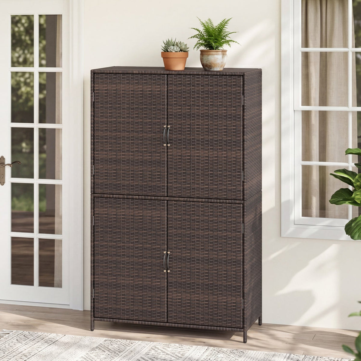Rattan Outdoor Storage Shed with Adjustable Shelves – Patio Storage Cabinet