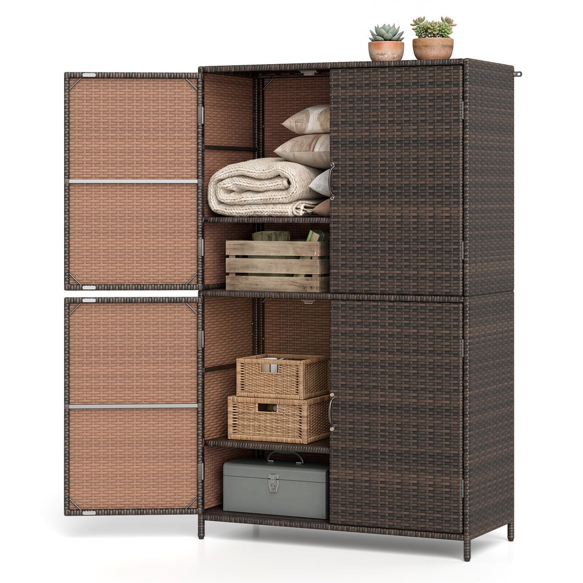 Rattan Outdoor Storage Shed with Adjustable Shelves – Patio Storage Cabinet