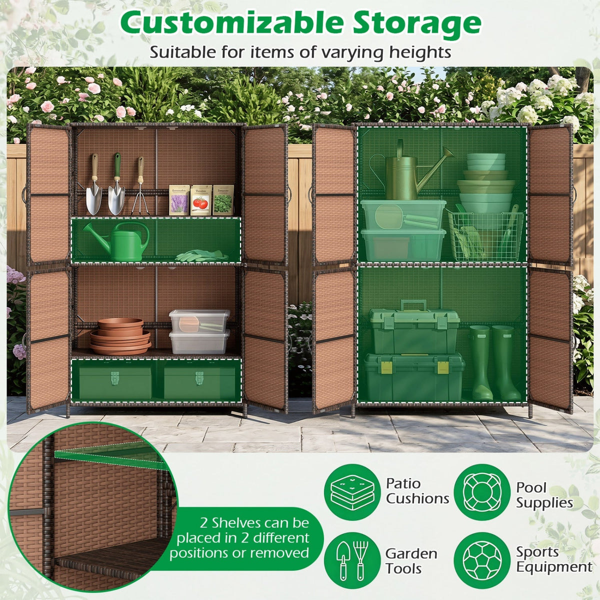 Rattan Outdoor Storage Shed with Adjustable Shelves – Patio Storage Cabinet