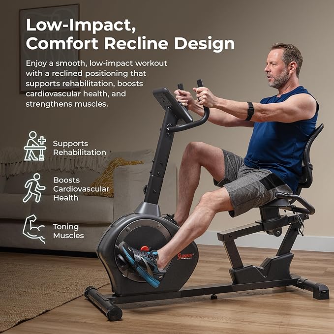 Sunny Health & Fitness Smart Heavy-Duty Recumbent Bike w/Wide Cushioned Seat & Back, Indoor Cycling Machine for Adult/Seniors Home Exercise, Free SunnyFit App Connect, Optional Workout Training Bands