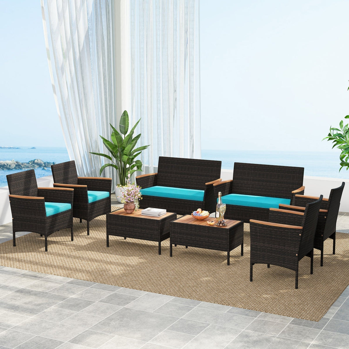 8-Piece Patio Conversation Set with Cushions – Turquoise Outdoor Furniture