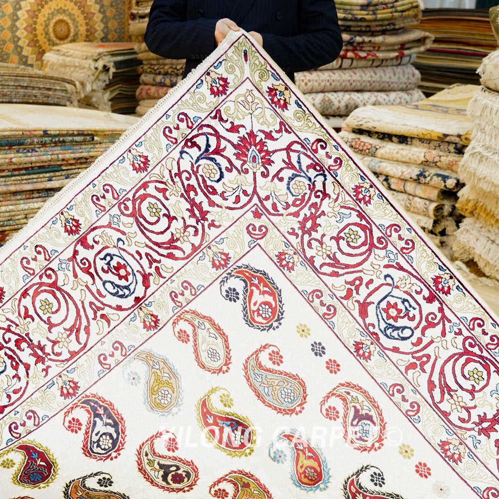 Paisley Carpet Caucasian Kazak Beige Silk Hand Knotted Carpet 9x12ft