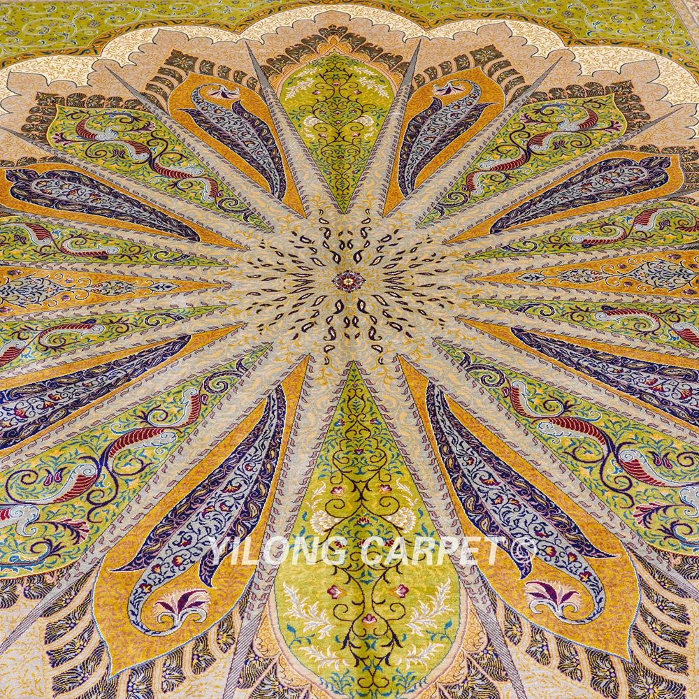 Green Turkish Silk Carpet Hand Knotted Silk Carpet for Villa Room 8x10ft