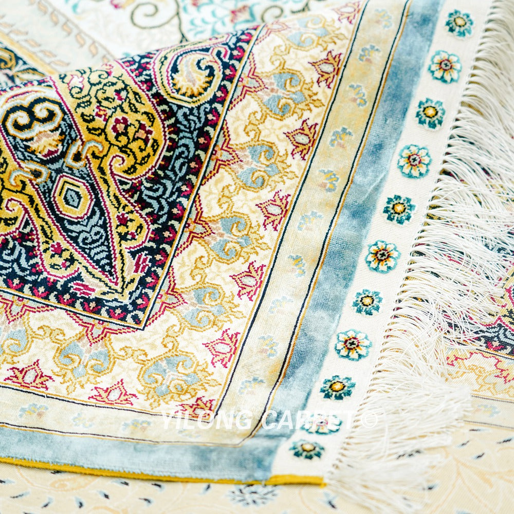 Grey Peacock Design Hand Knotted Turkish Silk Carpet for Villa Room 8x10ft
