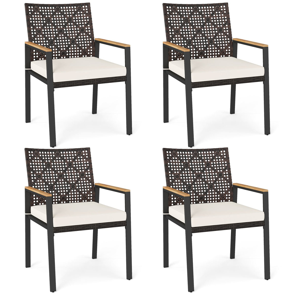 Set of 4 Patio Dining Chairs with Acacia Wood Armrests – Outdoor Seating