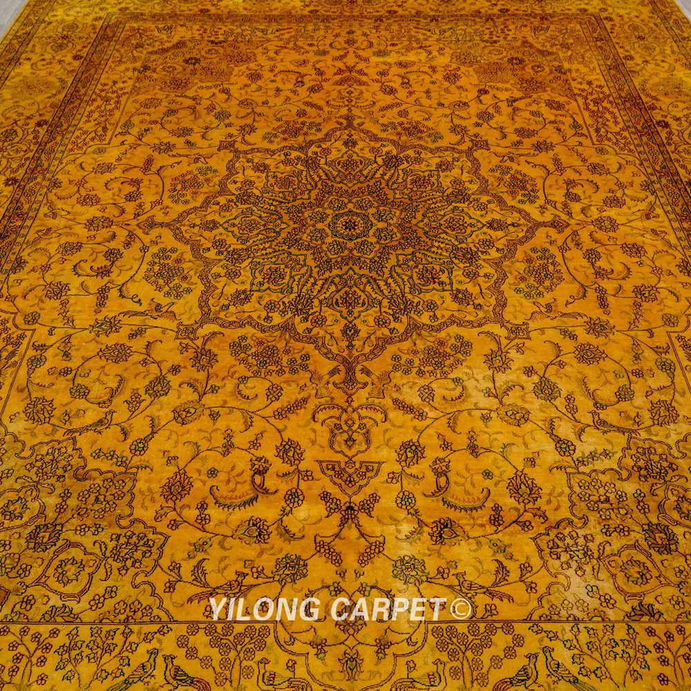 Persian Antique Handmade Golden Silk Classic Oriental Carpet 9x12ft
