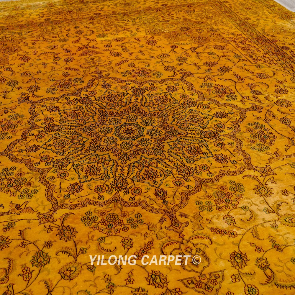 Persian Antique Handmade Golden Silk Classic Oriental Carpet 9x12ft