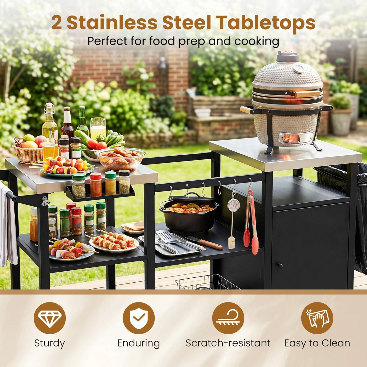 Outdoor Grill Cart with Stainless Steel Tabletop & Storage Cabinet