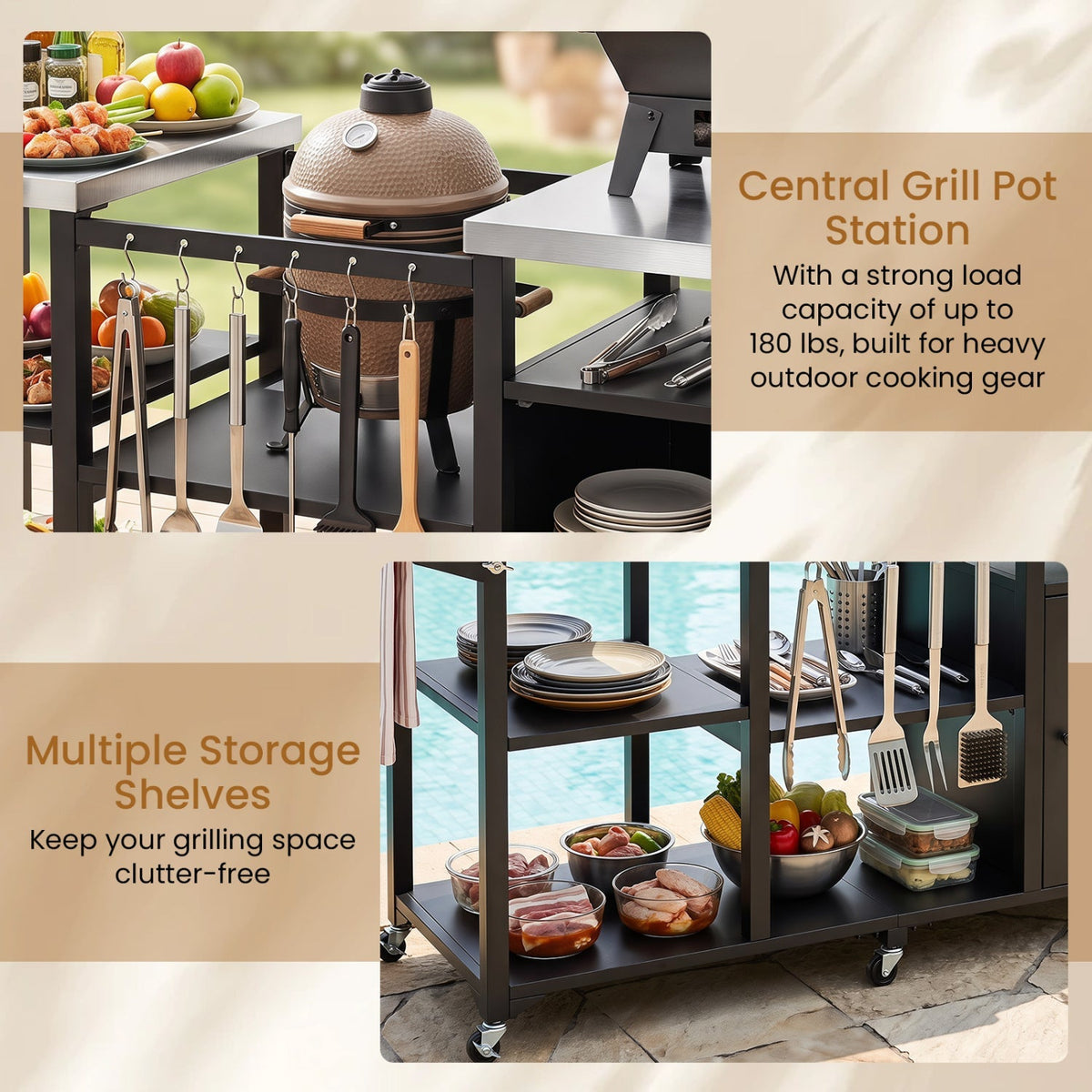 Outdoor Grill Cart with Stainless Steel Tabletop & Storage Cabinet