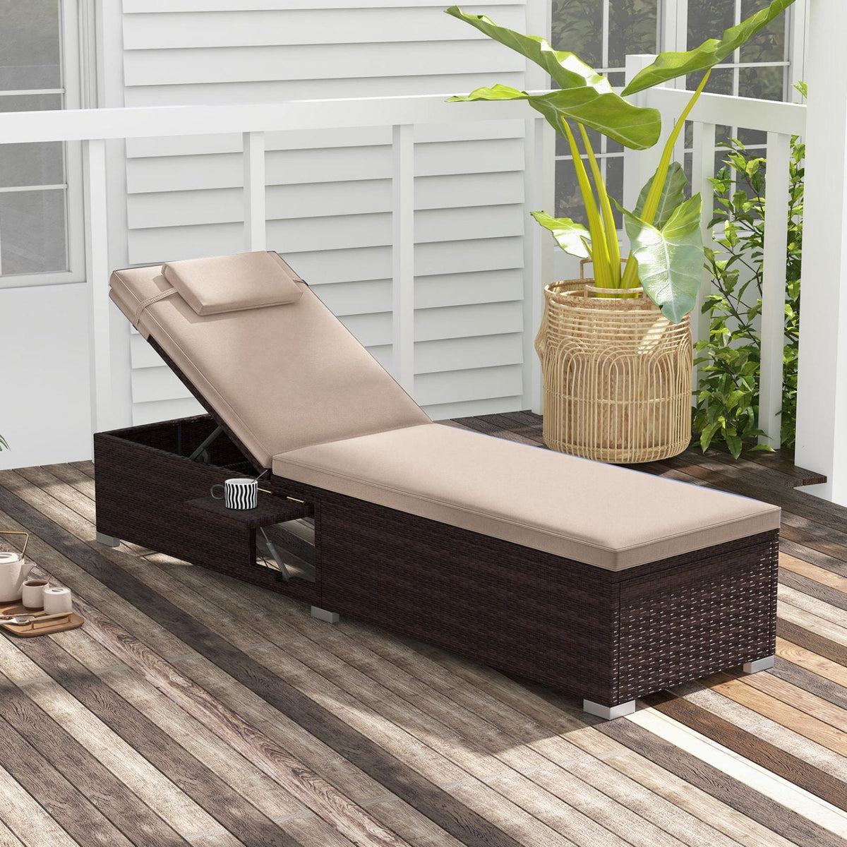 Outdoor PE Rattan Chaise Lounge with 6-Position Adjustable Backrest & Side Table