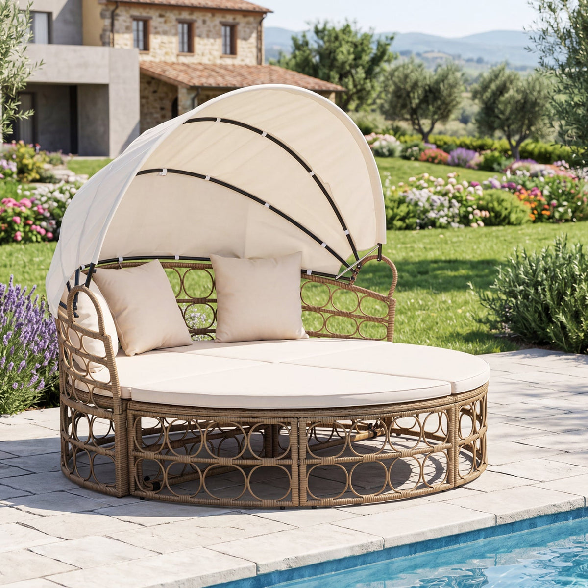 Outdoor Patio Daybed with Retractable Canopy & Cushions