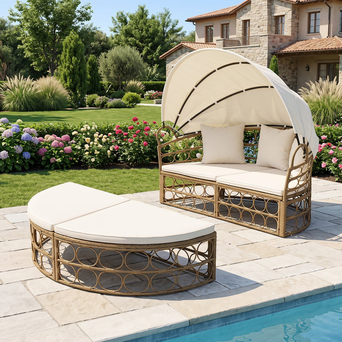 Outdoor Patio Daybed with Retractable Canopy & Cushions