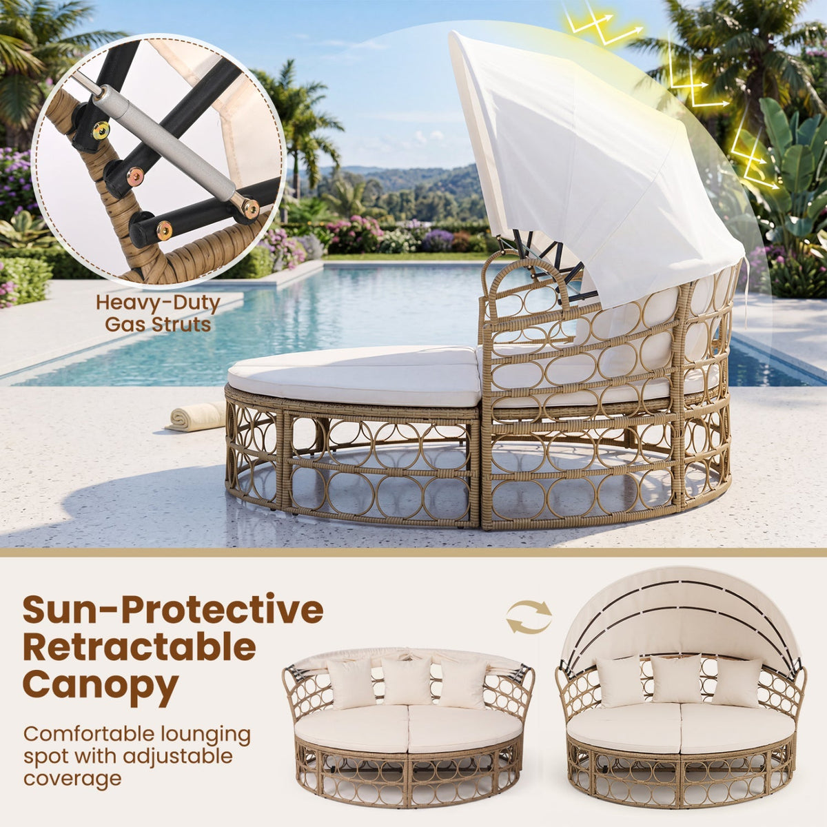 Outdoor Patio Daybed with Retractable Canopy & Cushions