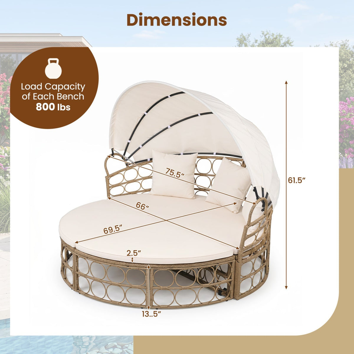 Outdoor Patio Daybed with Retractable Canopy & Cushions