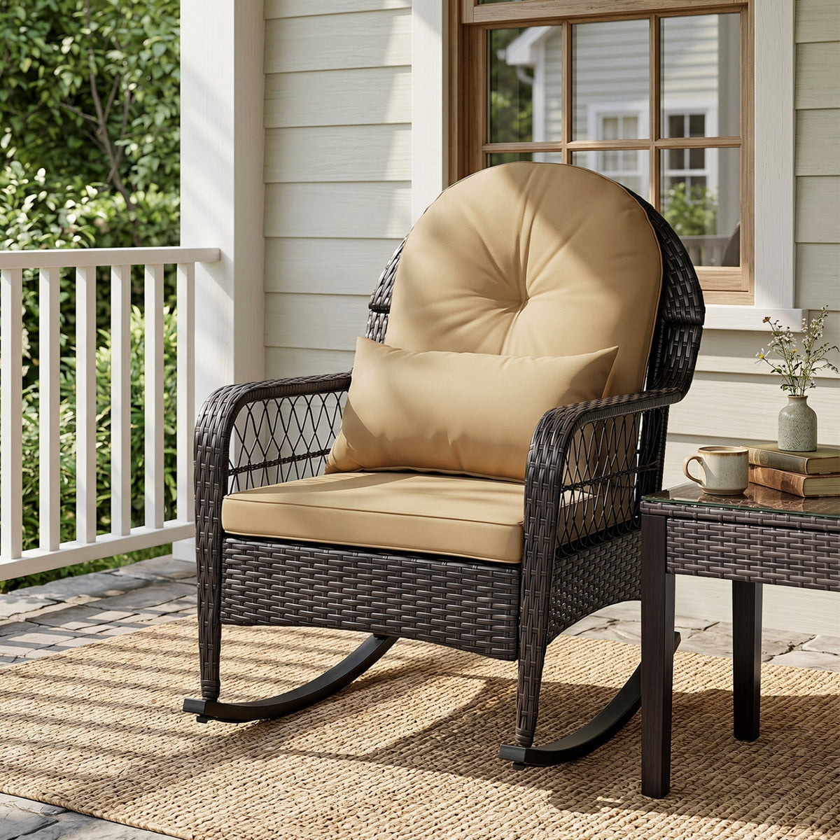 Outdoor Wicker Rocking Chair with Cushions – 400 lb Weight Capacity