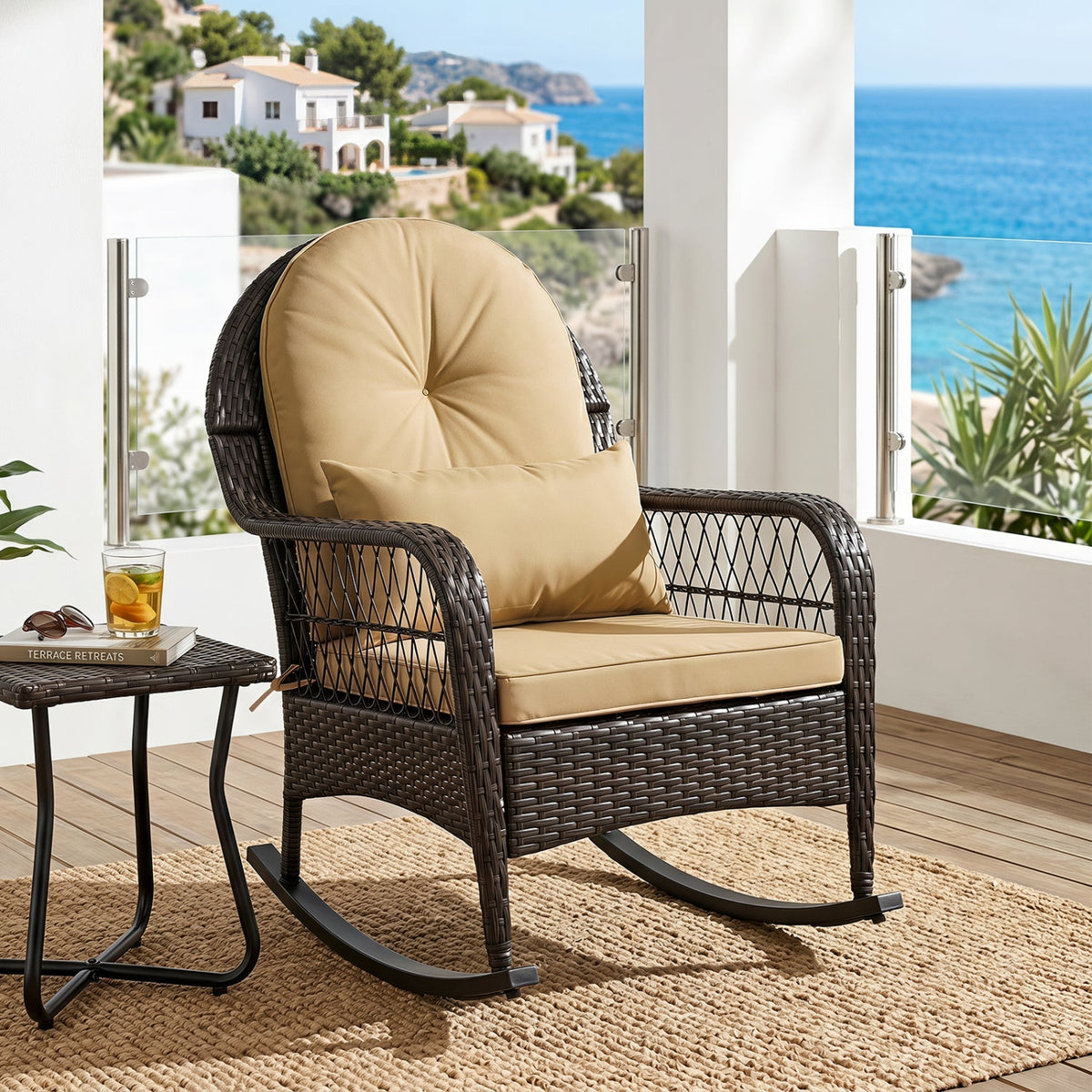 Outdoor Wicker Rocking Chair with Cushions – 400 lb Weight Capacity