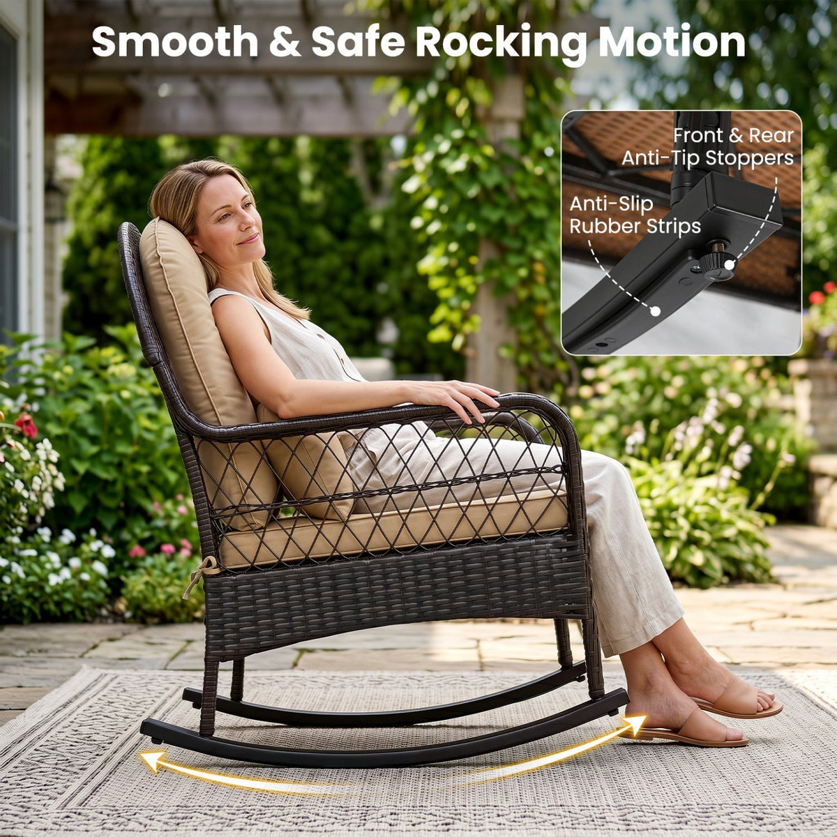 Outdoor Wicker Rocking Chair with Cushions – 400 lb Weight Capacity