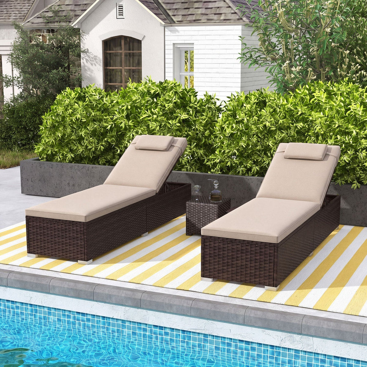 Set of 2 PE Rattan Chaise Lounge Chairs with 6-Position Backrests & Foldable Side Tables