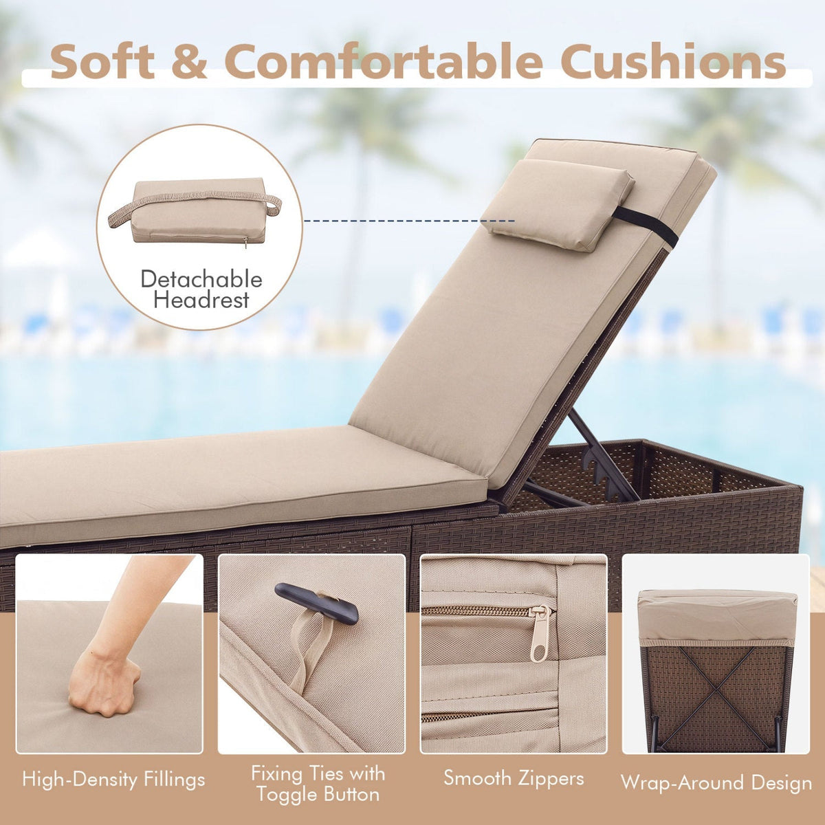 Set of 2 PE Rattan Chaise Lounge Chairs with 6-Position Backrests & Foldable Side Tables